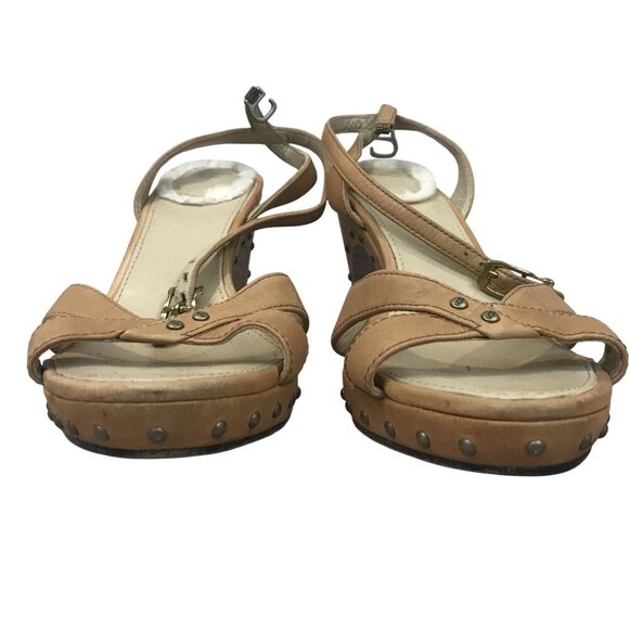 UGG Australia Tan Leather Wedge Sandals Shearling Footbed Studded Size 8.5 - Picture 8 of 12